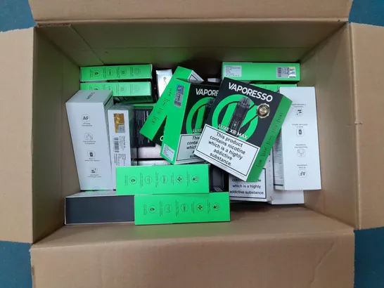 BOX OF APPROXIMATELY 20 ASSORTED E-CIGARATTES TO INCLUDE VAPORESSO, ASPIRE, VOOPOO ETC