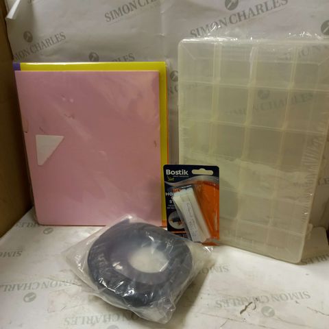 LOT OF 4 ASSORTED HOUSEHOLD ITEMS TO INCLUDE POLYESTER BRAID, GLUE GUN STICKS, COMPARTMENT BOX & NEOPRENE SHEETS