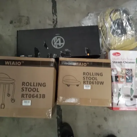 PALLET OF ASSORTED ITEMS INCLUDING QUEST MULTIFUNCTION STEAM CLEANER, WIAIO ROLLING STOOLS, FOAM DART GUN, PET BACKPACK