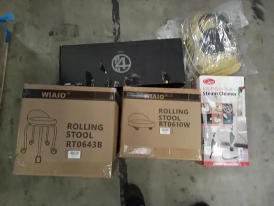 PALLET OF ASSORTED ITEMS INCLUDING QUEST MULTIFUNCTION STEAM CLEANER, WIAIO ROLLING STOOLS, FOAM DART GUN, PET BACKPACK