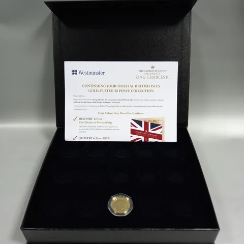 BOXED THE CORONATION OF KING CHARLES III GOLD PLATED 50P COLLECTION STARTER SET 