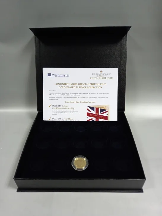 BOXED THE CORONATION OF KING CHARLES III GOLD PLATED 50P COLLECTION STARTER SET 