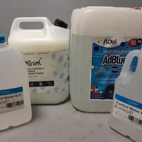 4 ASSORTED LIQUIDS TO INCLUDE 2 ULTRAP PURIFIED WATER B.P (2L), FLOW ADBLUE (10L), MINIML ECO-FRIENDLY FABRIC CONDITIONER (5L), ETC - COLLECTION ONLY