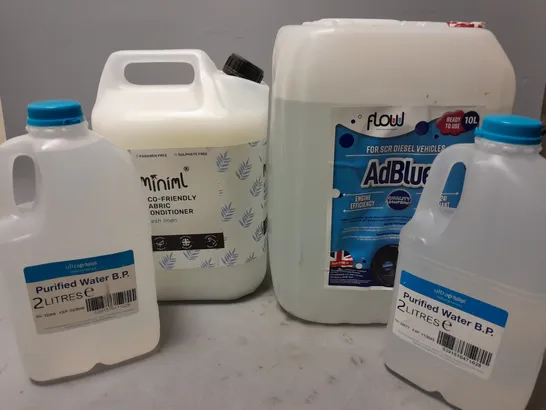 4 ASSORTED LIQUIDS TO INCLUDE 2 ULTRAP PURIFIED WATER B.P (2L), FLOW ADBLUE (10L), MINIML ECO-FRIENDLY FABRIC CONDITIONER (5L), ETC - COLLECTION ONLY