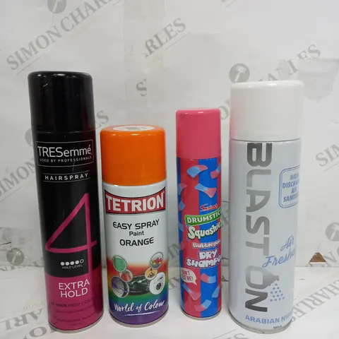 BOX OF APPROX 10 ASSORTED LIQUIDS TO INCLUDE - TRESEMME EXTRA HOLD, SQUASHIE SRY SHAMPOO, AIRFRESHENER ETC