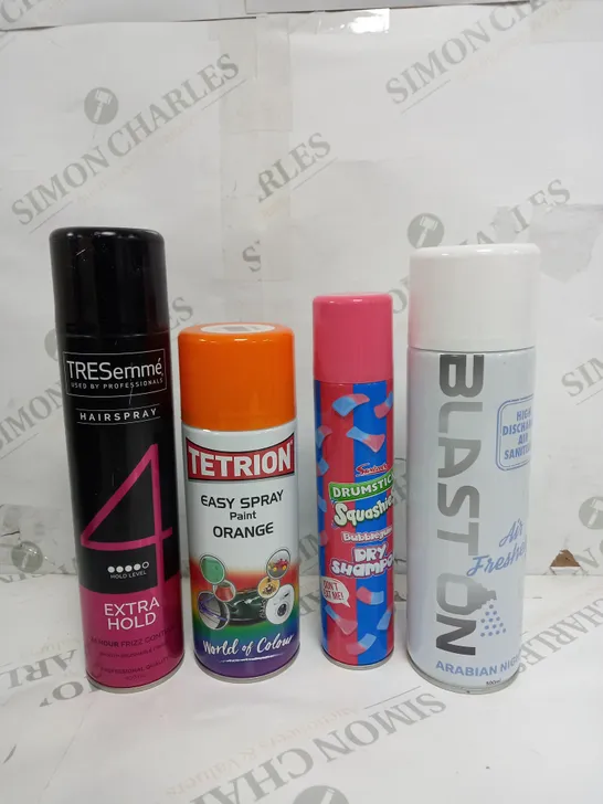 BOX OF APPROX 10 ASSORTED LIQUIDS TO INCLUDE - TRESEMME EXTRA HOLD, SQUASHIE SRY SHAMPOO, AIRFRESHENER ETC