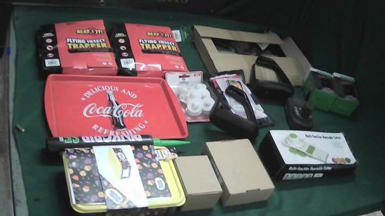 BOX OF ASSORTED HOMEWARE ITEMS TO INCLUDE COCA COLA TRAY, VEGETABLE CUTTER, FLY TRAPS