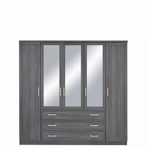 BOXED CAMBERLEY 5-DOOR 3-DRAWER DARK OAK-EFFECT MIRRORED WARDROBE (2 OF 3 BOXES ONLY)