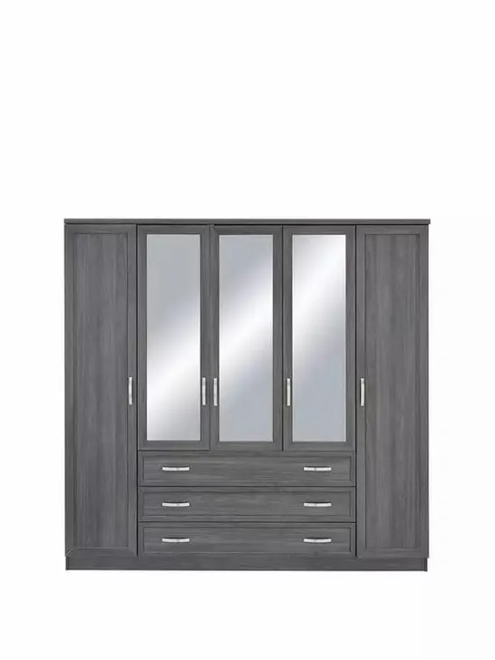 BOXED CAMBERLEY 5-DOOR 3-DRAWER DARK OAK-EFFECT MIRRORED WARDROBE (3 BOXES) RRP £449