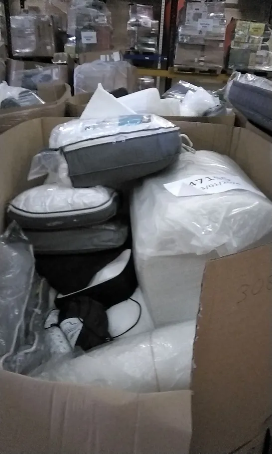 PALLET OF ASSORTED HOUSEHOLD GOODS TO INCLUDE ELEVATION PILLOWS, MATTRESS TOPPERS, AND MEMORY FOAM PILLOWS ETC.