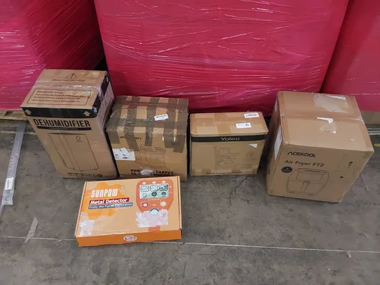 PALLET OF ASSORTED ITEMS INCLUDING: AIR FRYER, DEHUMIDIFIER, BOOSTER SEAT, PORTABLE CARPET CLEANER MACHINE, KID'S METAL DETECTOR 