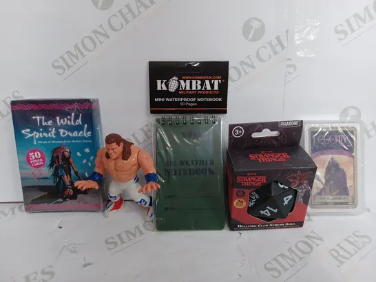 BOX OF APPROX 20 ASSORTED TOYS TO INCLUDE - THE WILD SPIRIT ORAELE - KOMBAT MINI WATERPROOF NOTEBOOK - NETFLIX STRANGER THINGS DICE ECT 