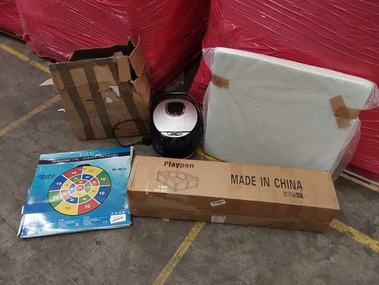 PALLET OF ASSORTED CONSUMER PRODUCTS TO INCLUDE; ELECTRIC RICE COOKER, VACUUM CLEANER, PLAYPEN, DART BOARD, PILLOW ECT