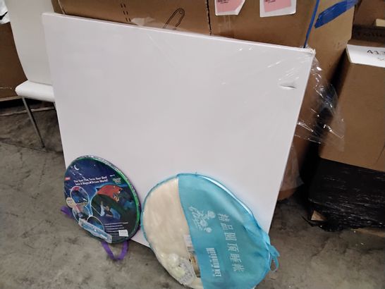 PALLET OF ASSORTED ITEMS, INCLUDING, PLASTIC BASKETS, LARGE CANVASS,  MOSQUITO NETS, POP-UP PLAY TENTS, GARDEN UMBRELLAS.