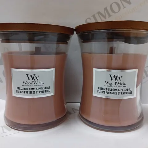 LOT OF 2 X 275G WOODWICK PRESSED BLOOMS & PATCHOULI MEDIUM HOURGLASS CANDLE