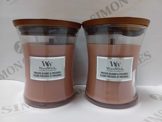 LOT OF 2 X 275G WOODWICK PRESSED BLOOMS & PATCHOULI MEDIUM HOURGLASS CANDLE