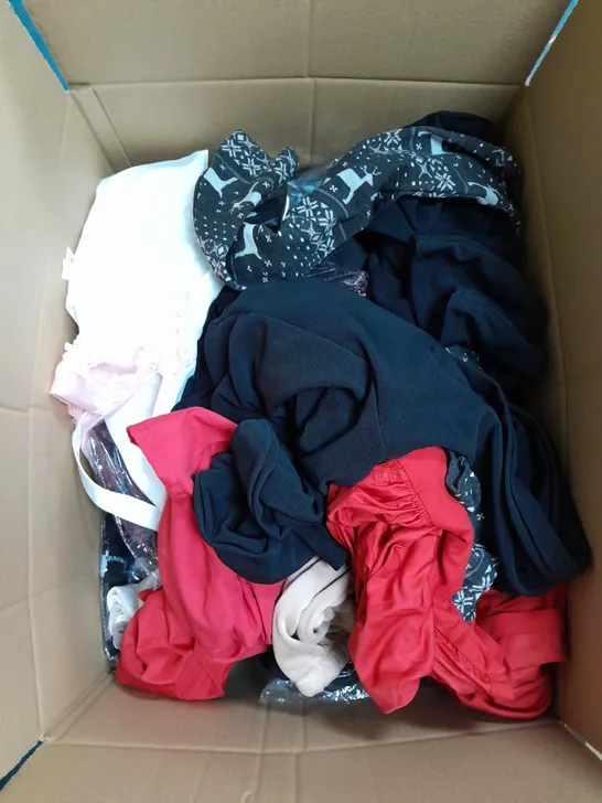 LARGE BOX OF ASSORTED CLOTHING ITEMS IN VARIOUS COLOURS AND SIZES INCLUDING TROUSERS , TOPS AND JUMPERS 