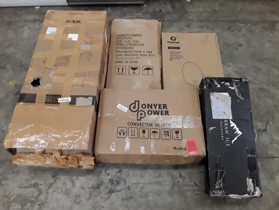 PALLET OF ASSORTED PRODUCTS INCLUDING CONVECTOR HEATER, TOILET SEAT, PORTABLE ICE TUB, LAUNDRY HAMPER, TROLLEY, CLOTHES RAIL