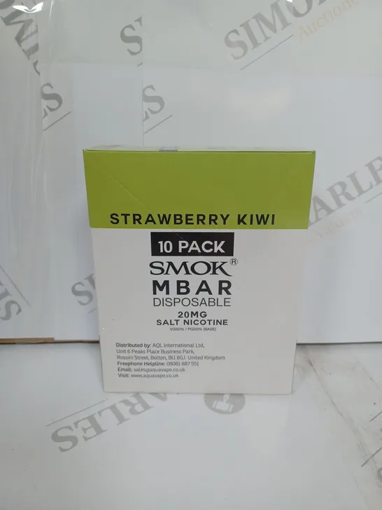 BOX OF APPROXIMATELY 10 BOXES OF STRAWBERRY KIWI 10 PACK SMOK M BAR DISPOSABLE 20MG SALT NICOTINE