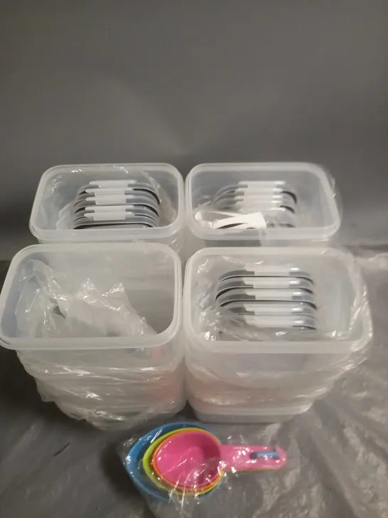 APPROXIMATELY 16 FOOD STORAGE CONTAINERS WITH LIDS AND MEASURING SPOONS