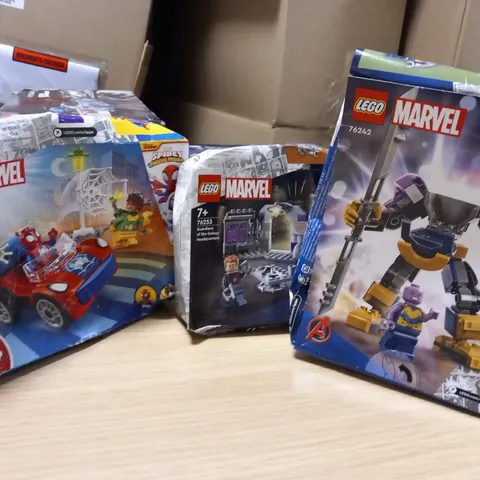 THREE PIECES OF ASSORTED LEGO MARVEL TO INCLUDE; SPIDER MAN'S CAR AND DOC OCK, GUARDIANS OF THE GALAXY HEADQUARTERS AND THANOS MECH ARMOUR