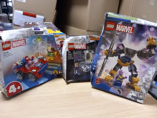 THREE PIECES OF ASSORTED LEGO MARVEL TO INCLUDE; SPIDER MAN'S CAR AND DOC OCK, GUARDIANS OF THE GALAXY HEADQUARTERS AND THANOS MECH ARMOUR