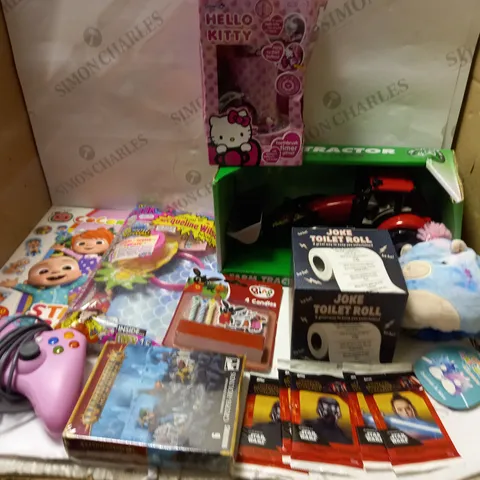 LARGE BOX OF ASSORTED TOYS AND GAMES TO INCLUDE TEDDIES, CONSOLE CONTROLLER AND KIDS MAGAZINES