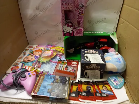LARGE BOX OF ASSORTED TOYS AND GAMES TO INCLUDE TEDDIES, CONSOLE CONTROLLER AND KIDS MAGAZINES