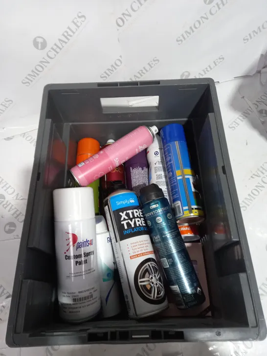 APPROXIMATELY 10 ASSORTED AEROSOL ITEMS TO INCLUDE SPRAY PAINT, DRY SHAMPOO, TYRE INFLATOR ETC - COLLECTION ONLY 