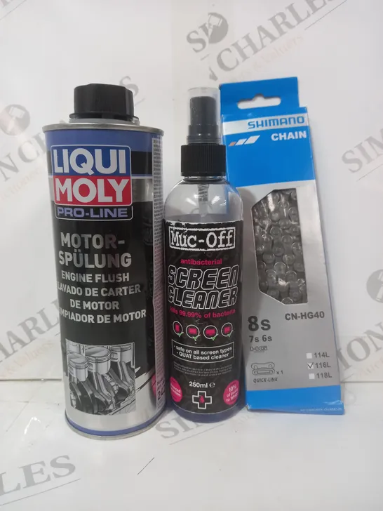 BOX OF APPROXIMATELY 20 ASSORTED VEHICLE PARTS AND ACCESSORY ITEMS TO INCLUDE SHIMANO CN-HG40 116L CHAIN, MUC-OFF SCREEN CLEANER, LIQUID MOLY ENGINE FLUSH, ETC