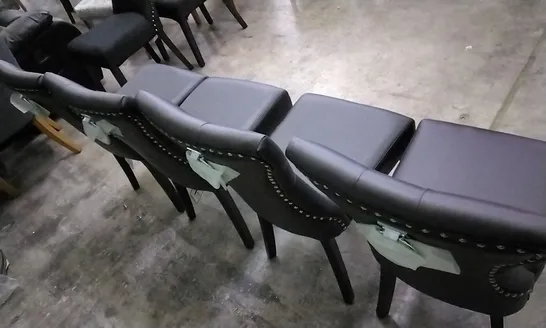 SET OF 4 BLACK LEATHER BUTTONBACK STUDDED DINING CHAIRS WITH KNOCKER BACKS AND BLACK WOODEN LEGS