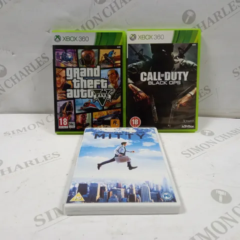 LOT OF APPROXIMATELY 20 ASSORTED VIDEO GAMES AND FILMS TO INCLUDE GRAND THEFT AUTO 5 (XBOX 360), CALL OF DUTY BLACK OPS (XBOX 360), THE SECRET LIFE OF WALTER MITTY, ETC