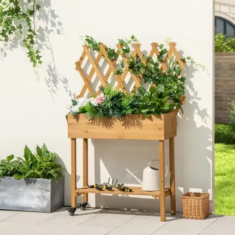 BOXED COSTWAY WOODEN RAISED GARDEN BED LARGE PLANTER BOX CLIMBING TRELLIS W/ BOTTOM OPEN SHELF