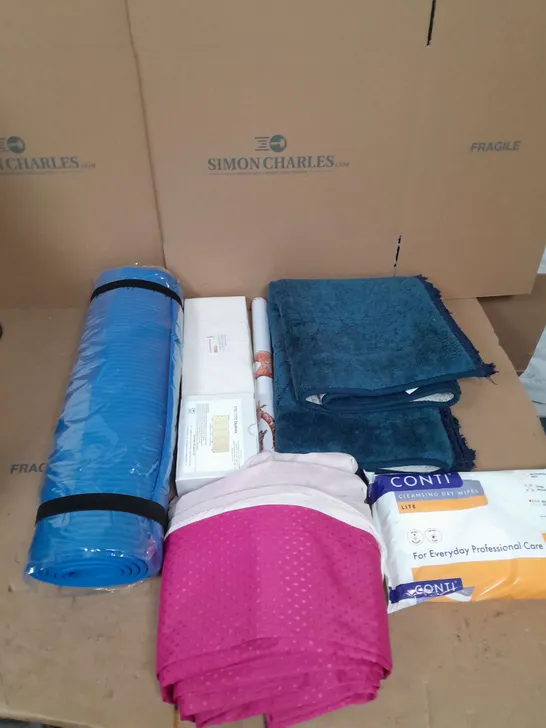 LARGE QAUNTIITY OF ASSORTED HOUSEHOLD ITEMS TO INCLUDE YOGA MAT, CURTAINS AND CLOSURE PADS