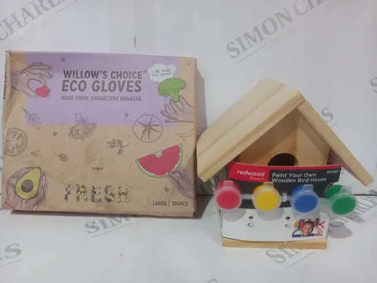 BOX OF APPROXIMATELY 10 ASSORTED HOUSEHOLD ITEMS TO INCLUDE PAINT YOUR OWN WOODEN BIRDHOUSE, ECO GLOVES, ETC