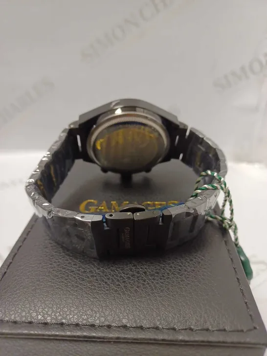 GAMAGES ENTERPRISE BLACK TRIPLE DATE DIAL TACHYMETER BRACELET STRAP WRISTWATCH	