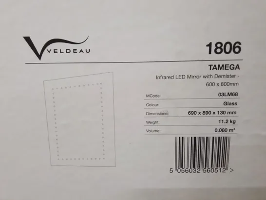 BOXED AS NEW VELDEAU TAMEGA INFRARED LED MIRROR WITH DEMISTER - 600X800MM