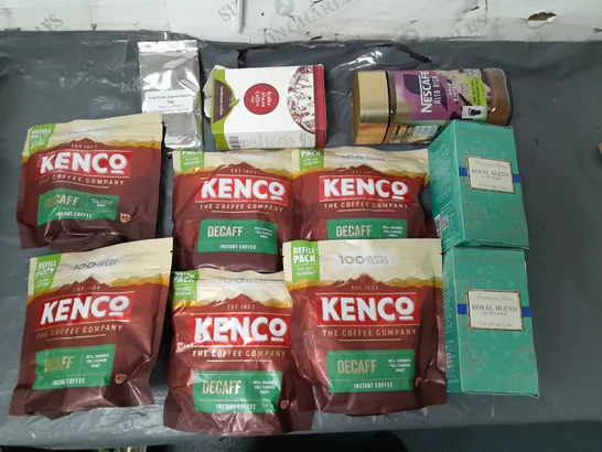 LOT OF ASSORTED TEA AND COFFEE ITEMS TO INCLUDE KENCO INSTANT DECAFF AND ROYAL BLEND TEA BAGS