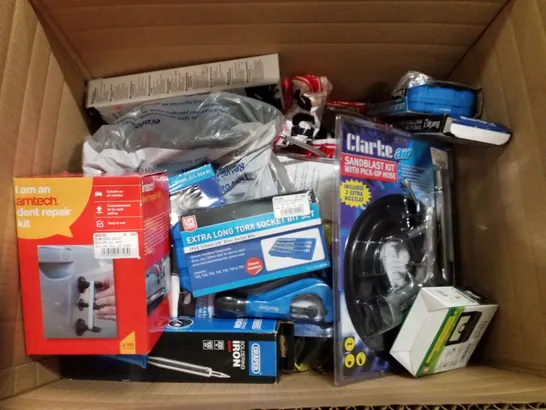 BOX CONTAINING MIXED ITEMS INCLUDING TROX SOCKETS, SANDBLAST KIT, DENT REPAIR KIT 