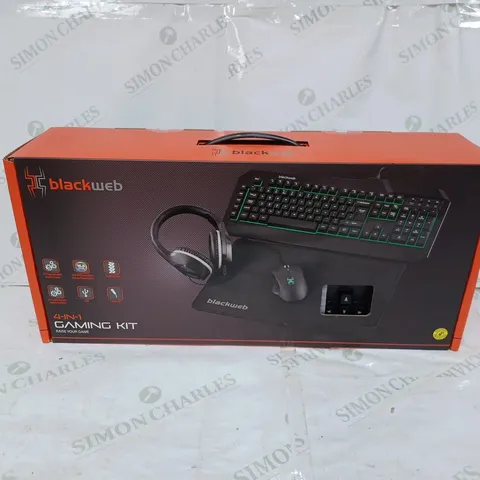 BOXED & SEALED BLACKWEB 4-IN-1 GAMING KIT. INCLUDES MOUSE, MOUSE PAD, HEADPHONES AND KEYBOARD 