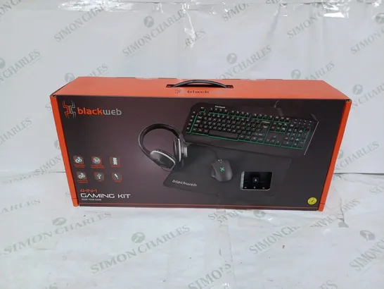 BOXED & SEALED BLACKWEB 4-IN-1 GAMING KIT. INCLUDES MOUSE, MOUSE PAD, HEADPHONES AND KEYBOARD 