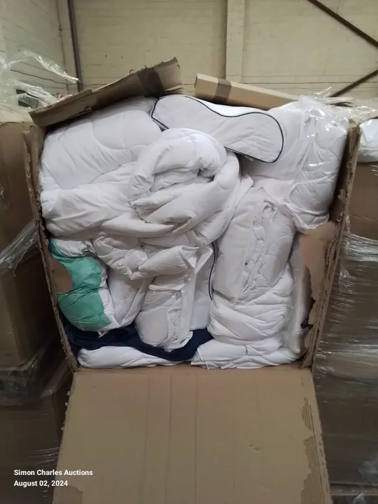 DOUBLE PALLET CONTAINING VARIOUS PILLOWS, DUVET AND BEDDING SOFT FURNISHINGS ETC.