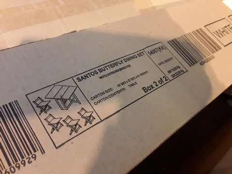 BOXED PALMATEER FOLDING DINING SET PARTS- 1 BOX MISSING (1 BOX)