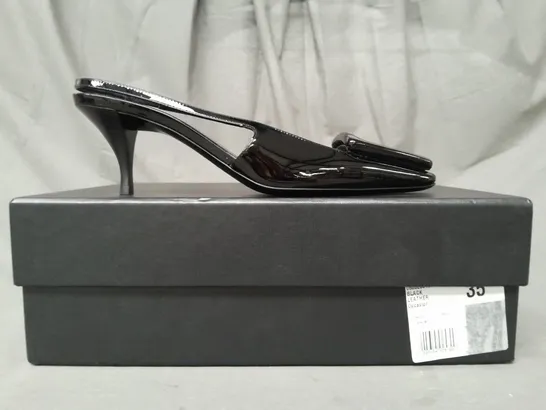 BOXED PAIR OF SAINT LAURENT PARIS CLOSED TOE LOW HEEL SHOES IN GLOSSY BLACK EU SIZE 35