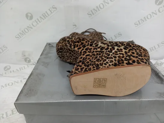 BOXED PAIR OF LEOPARD SUEDE LACE3D HEELE,S BOOTS SIZE 4