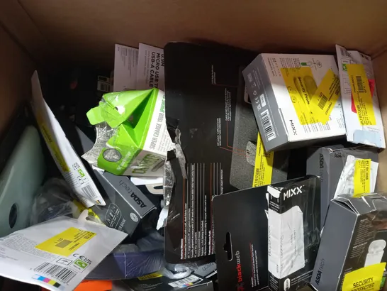 BOX OF APPROXIMATELY 10 ASSORTED ELECTRICAL ITEMS TO INCLUDE MIXX COLOUR CHROMA 2 WIRELESS EARBUDS, JVC DEEPBASS WIRELESS HEDPHONES, MIXX TYPE C TO USB CABLE, ETC