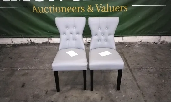 PAIR OF KENSINGTON LIGHT GREY LEATHER BUTTON BACK DINING CHAIRS WITH BLACK LEGS