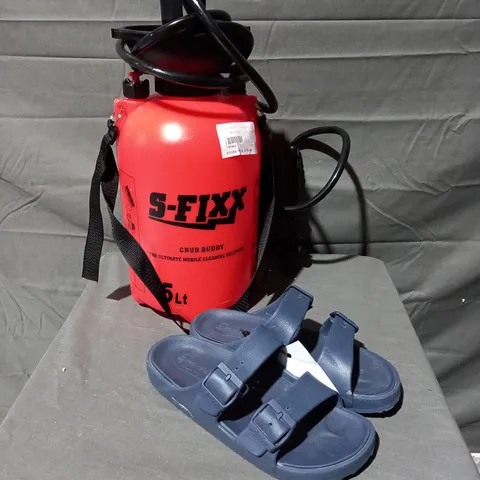 2 ITEMS TO INCLUDE S-FIXX CRUD BUDDY 5L, PAIR OF SKECHERS FOAMIES SANDALS IN NAVY SIZE 7 