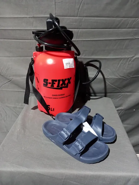 2 ITEMS TO INCLUDE S-FIXX CRUD BUDDY 5L, PAIR OF SKECHERS FOAMIES SANDALS IN NAVY SIZE 7 