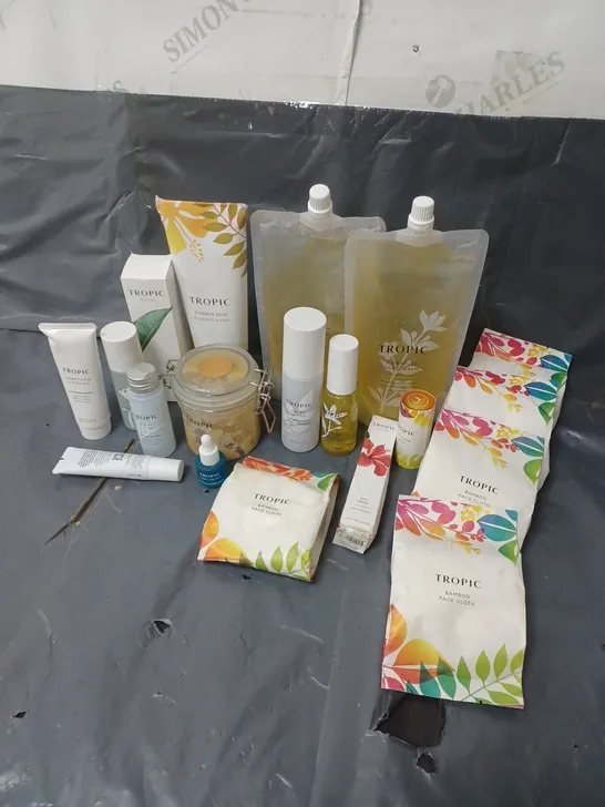 APPROXIMATELY 12 TROPIC SKINCARE PRODUCTS TO INCLUDE FACE CLOTHS, HAND WASH AND TANNING LOTION